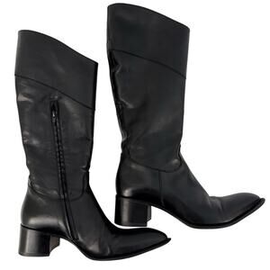 Gianni Barbato Black Leather Tall Boots Block Heel Pointed Toe 38.5 (US 8.5)